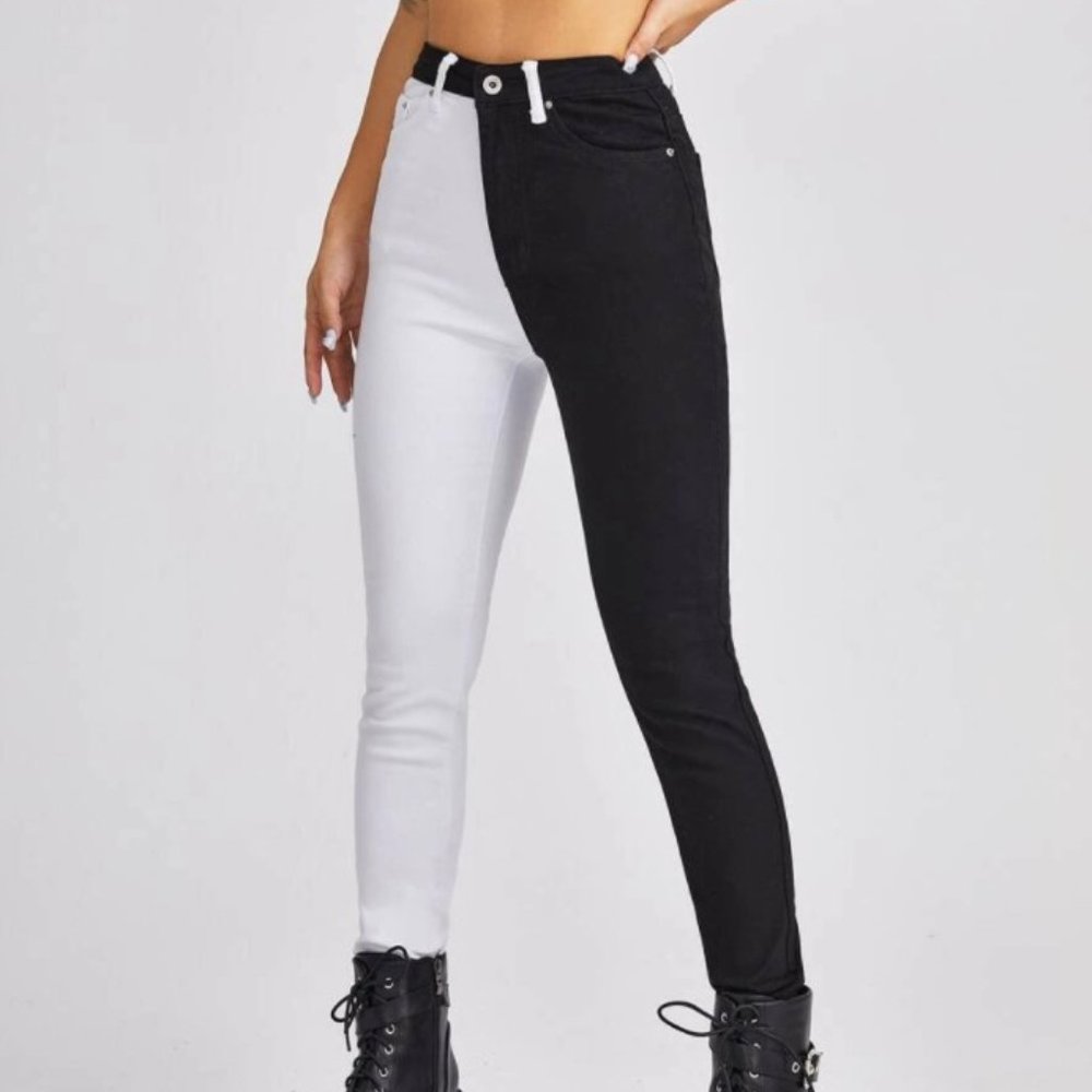 black and white, two tone high waisted jeans